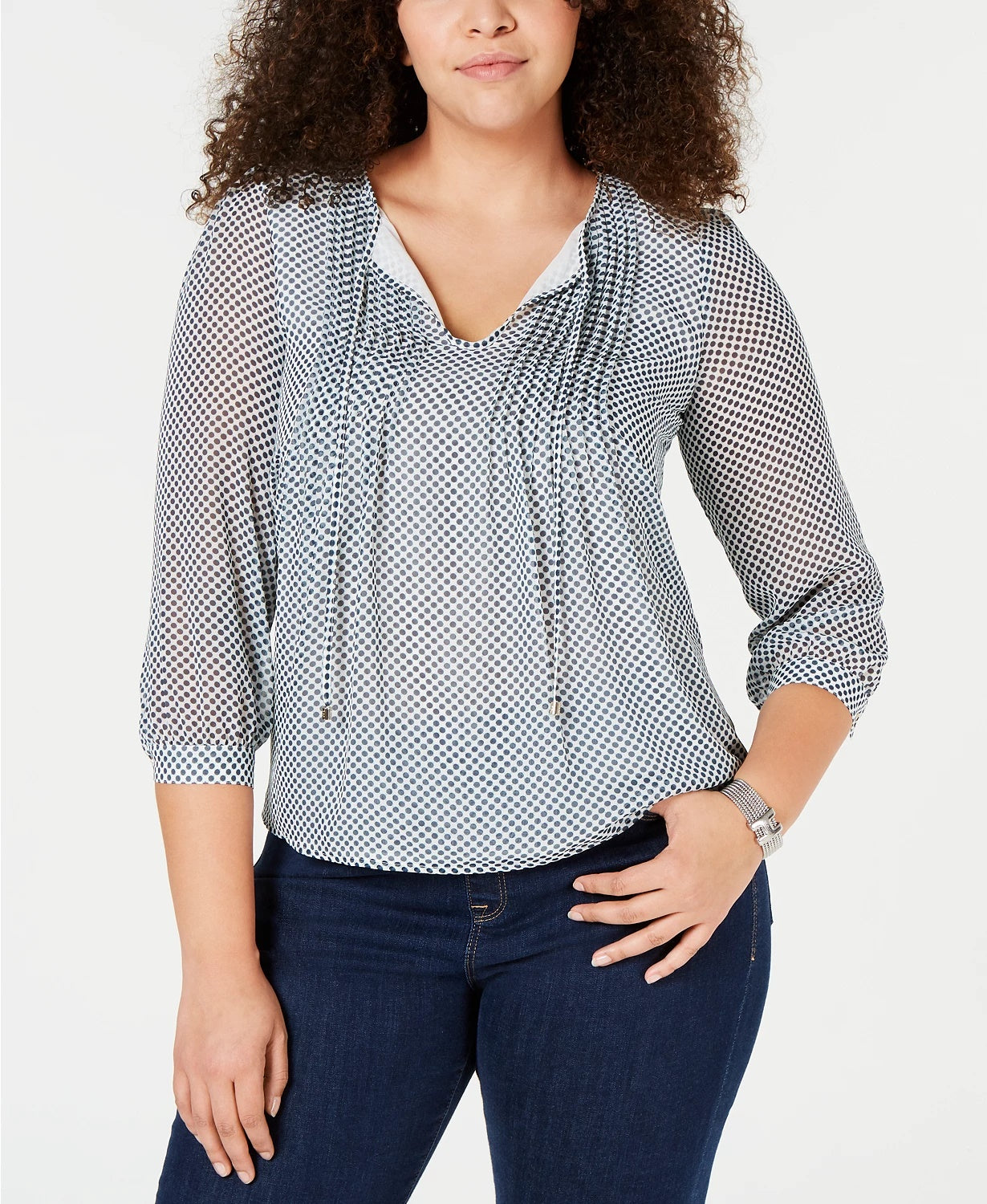 Tommy Hilfiger Plus Size Feminino Estampado de Bolinhas Pintucked Top Verde Brilhante Tamanho 1X
