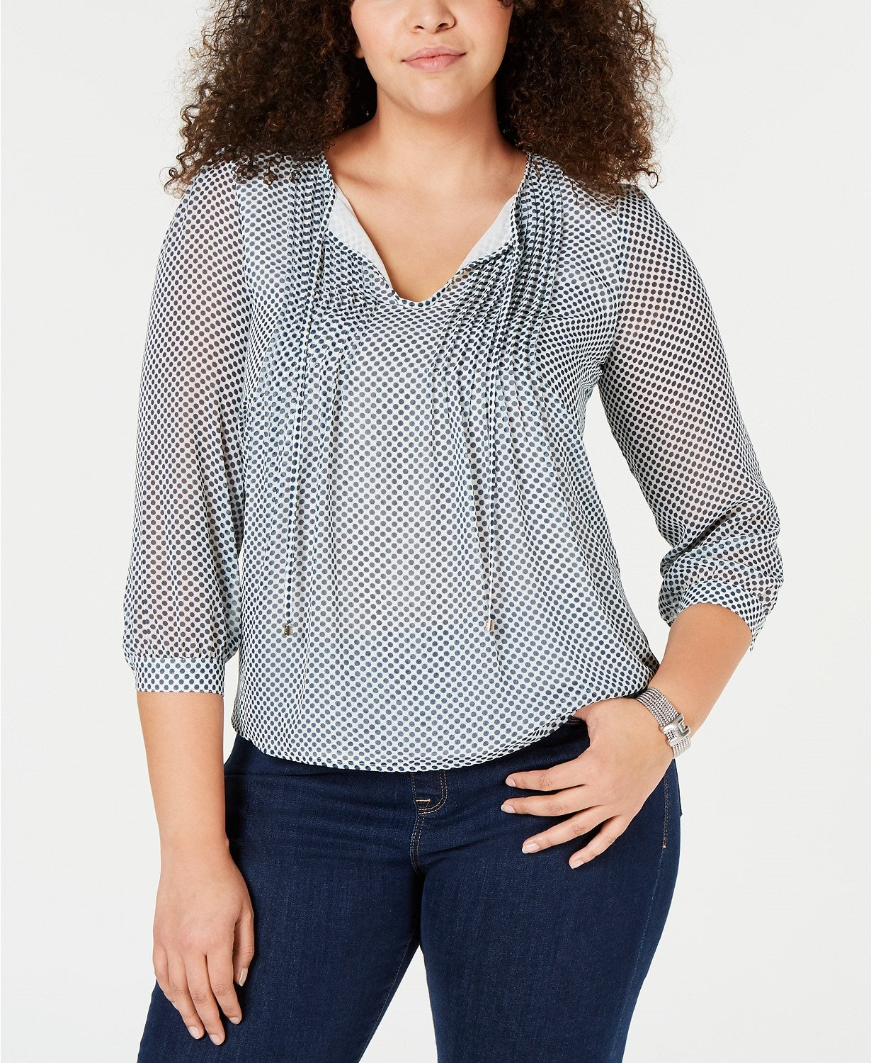 Tommy Hilfiger Plus Size Feminino Estampado de Bolinhas Pintucked Top Verde Brilhante Tamanho 2X