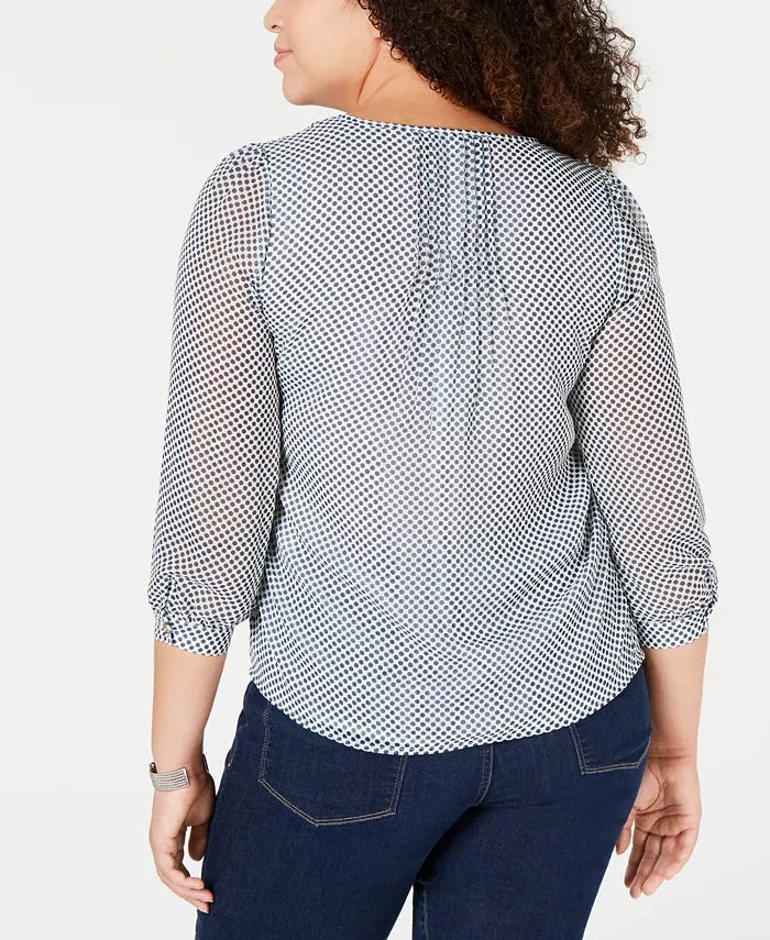 Tommy Hilfiger Plus Size Feminino Estampado de Bolinhas Pintucked Top Verde Brilhante Tamanho 2X