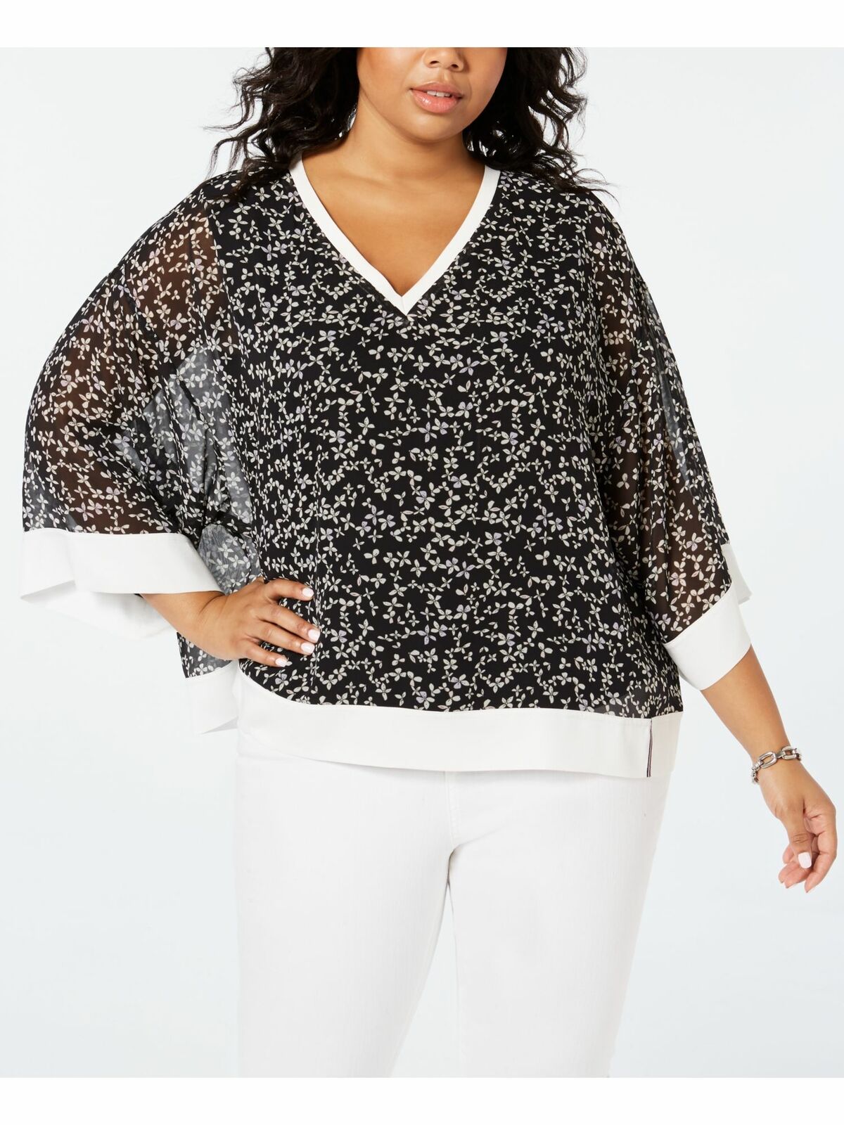 Tommy Hilfiger Blusa Feminina Floral Manga Sino Gola V Preta Tamanho 3X