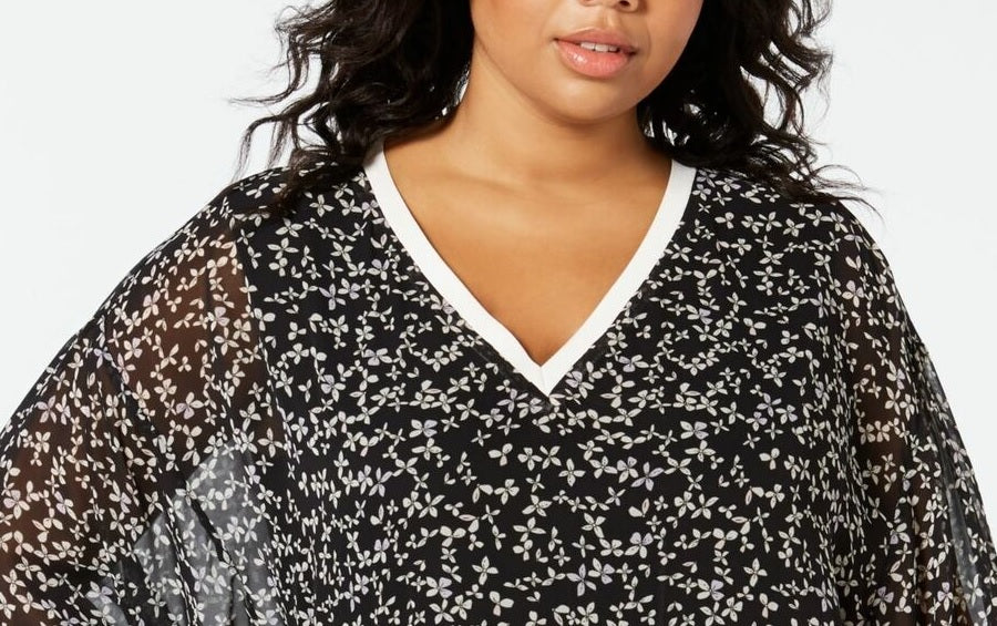 Tommy Hilfiger Blusa Feminina Floral Manga Sino Gola V Preta Tamanho 3X