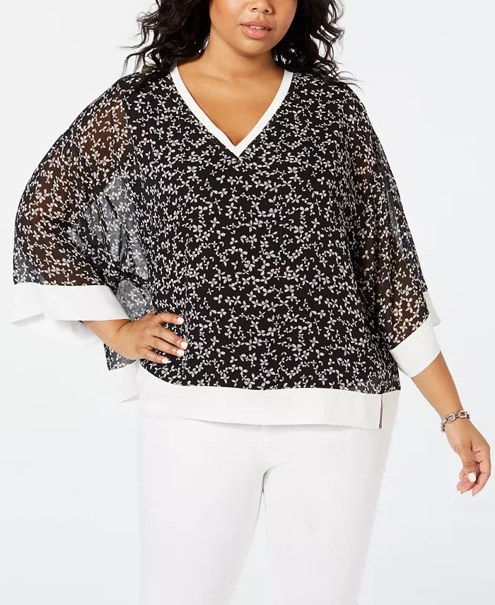 Tommy Hilfiger Top de chiffon estampado plus size feminino, cor carvão, tamanho 1X