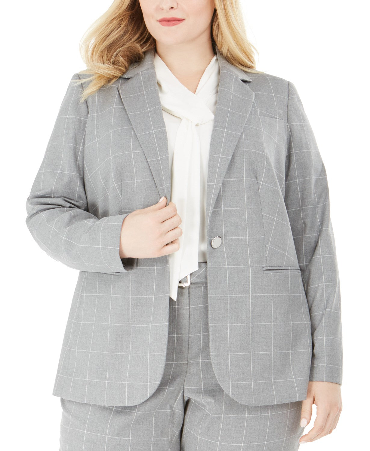 Calvin Klein Blazer Feminino Plus Size com Estampa de Janela e Botão Único Cinza 24W