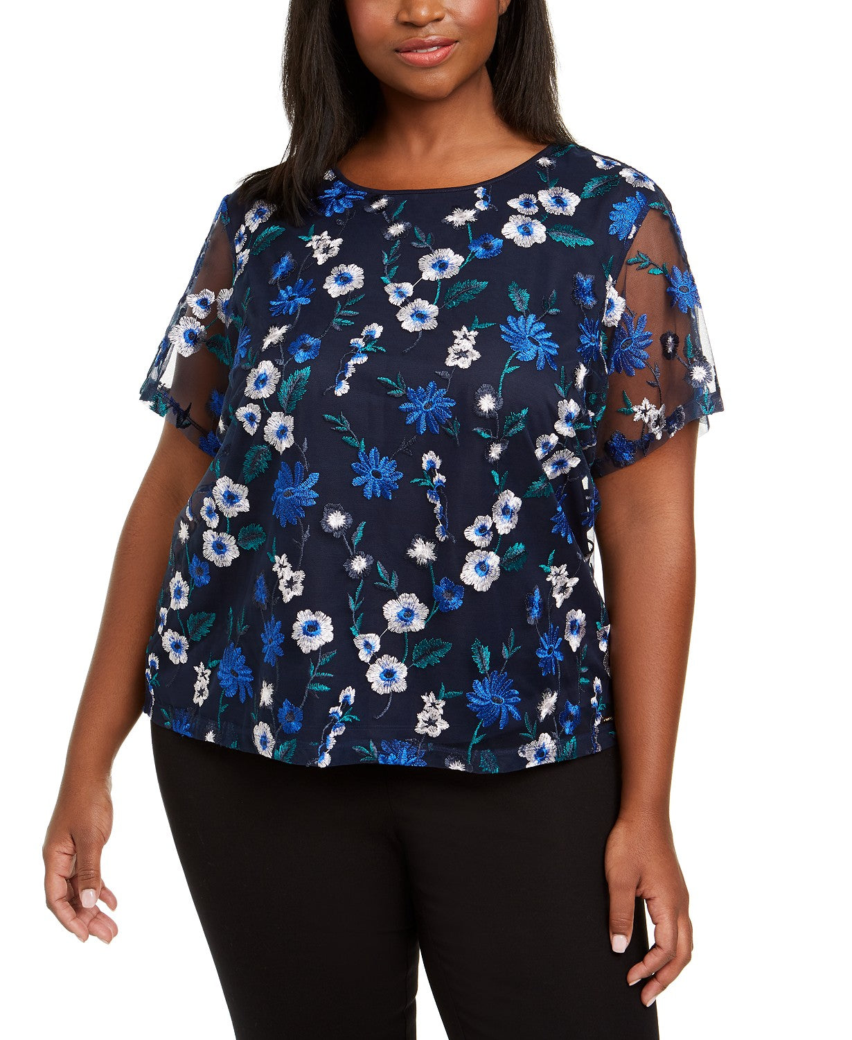 Blusa feminina Calvin Klein Plus Size com estampa floral bordada, preta, tamanho 1X