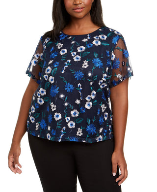 Blusa feminina Calvin Klein Plus Size com estampa floral bordada, preta, tamanho 1X