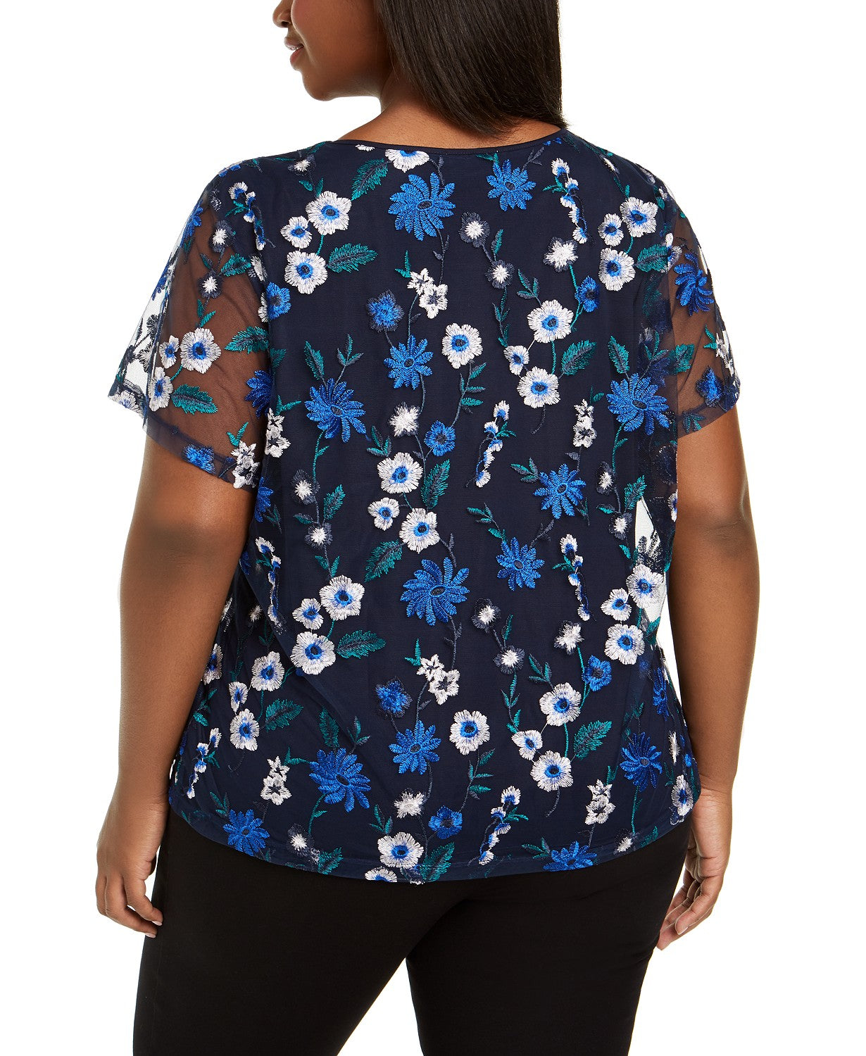 Blusa feminina Calvin Klein Plus Size com estampa floral bordada, preta, tamanho 1X