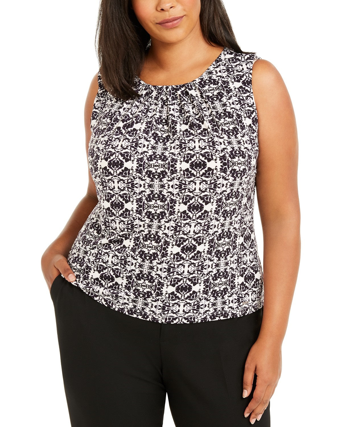 Blusa feminina Calvin Klein sem mangas com estampa e pregas, preta, tamanho 2X