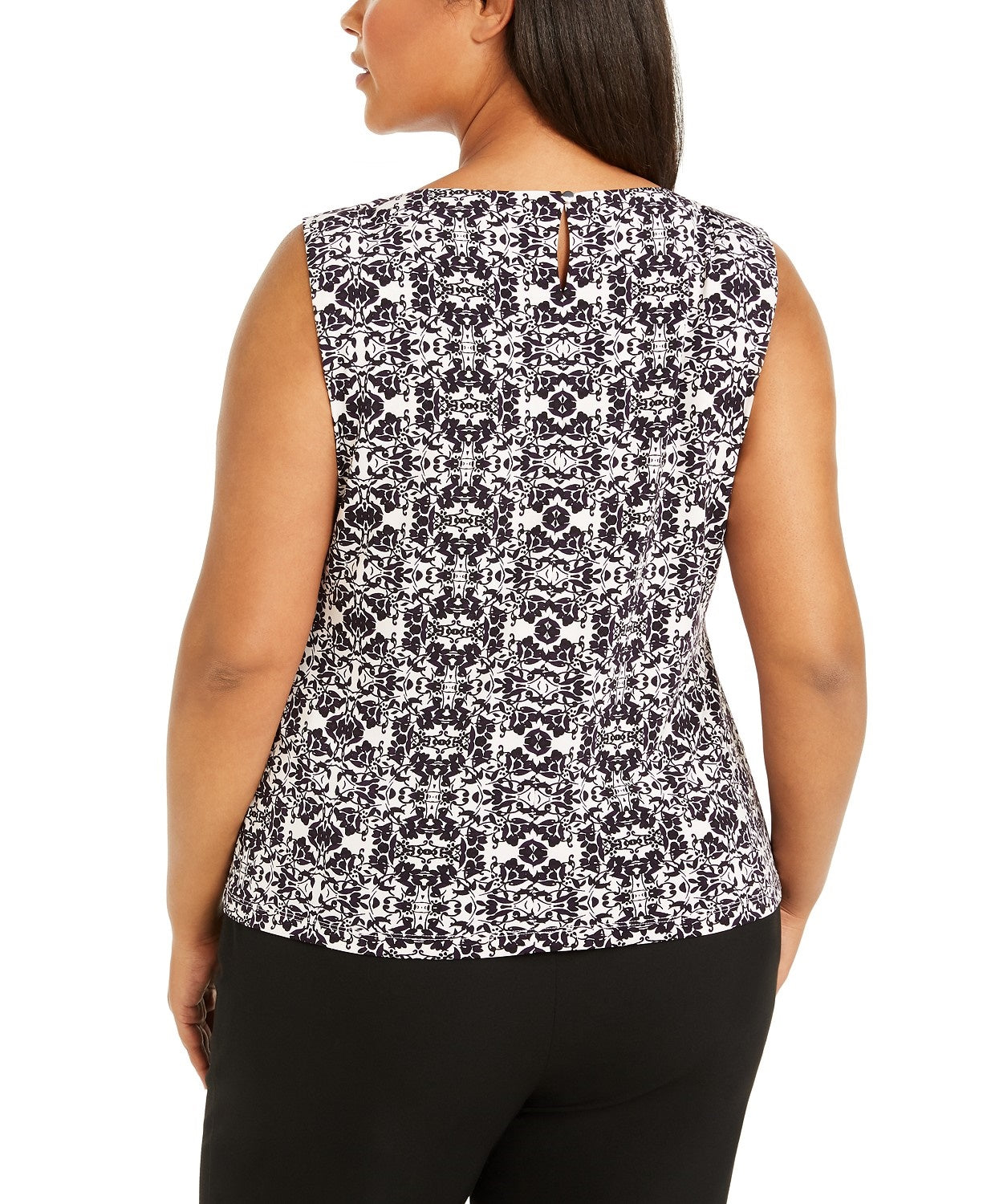 Blusa feminina Calvin Klein sem mangas com estampa e pregas, preta, tamanho 2X