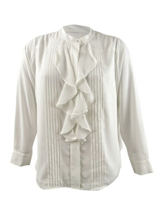 Blusa Calvin Klein Plus Size Feminina com Babados e Botões Frontais, Branca, Tamanho 3 Extra Grande