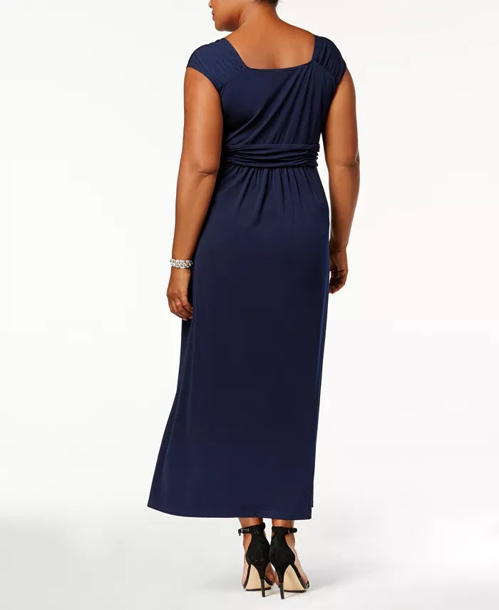 Vestido longo franzido estilo império plus size feminino NY Collection, azul, tamanho 2, extra grande
