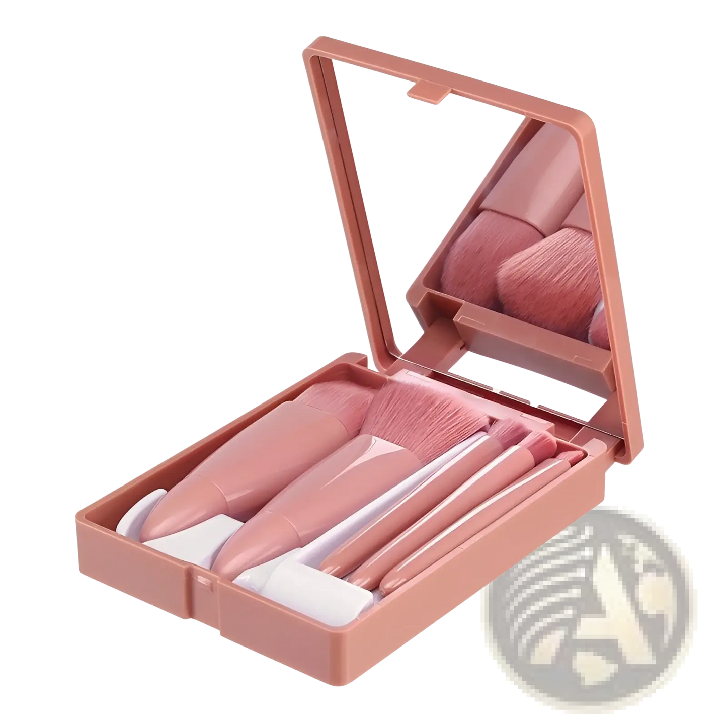 Makeup Brush Set with Mirror 5 Piece Portable Pink Kit