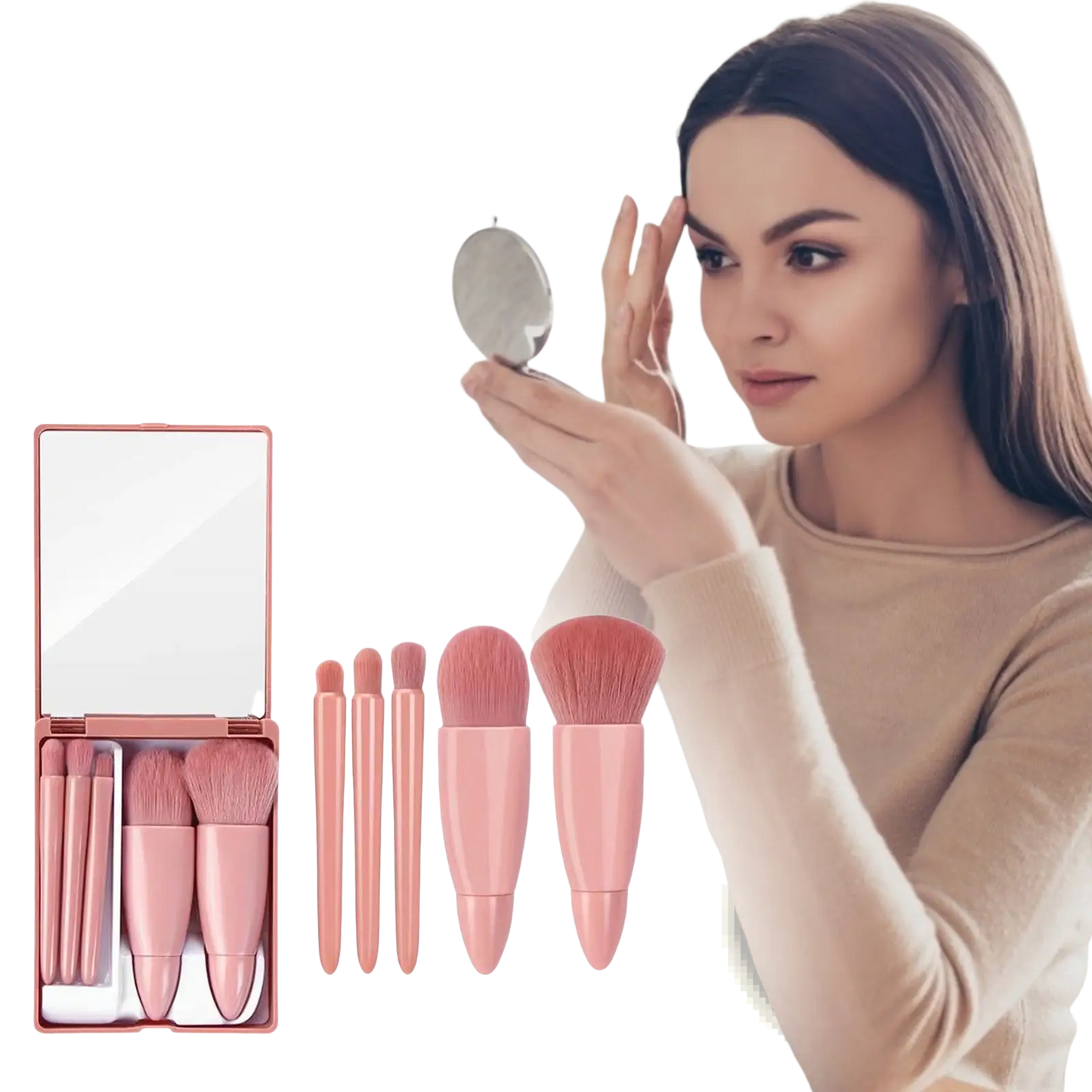 Makeup Brush Set with Mirror 5 Piece Portable Pink Kit