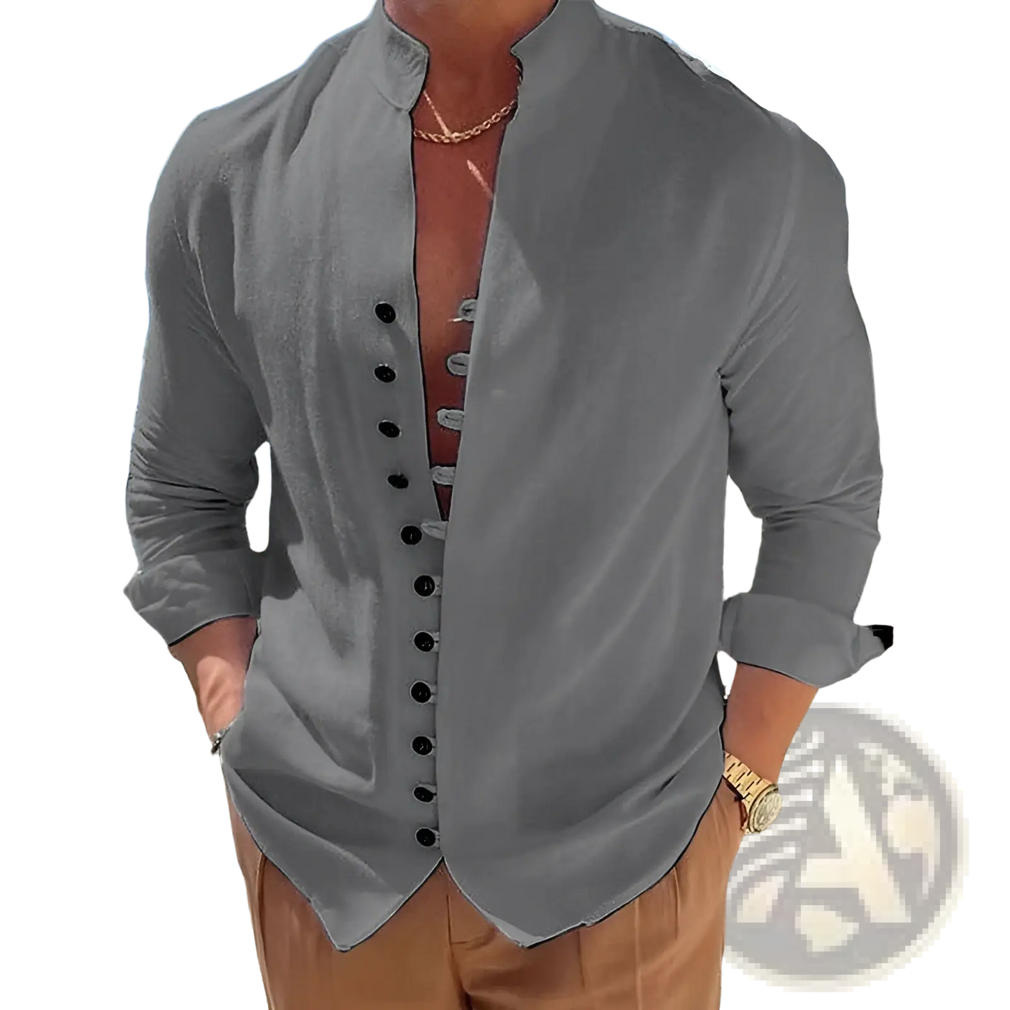 Mandarin Collar Linen Blend Wrinkle Resistant Casual Shirt