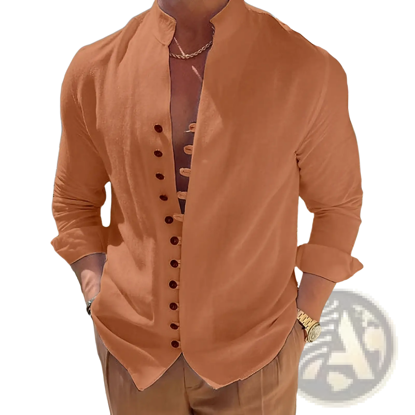Mandarin Collar Linen Blend Wrinkle Resistant Casual Shirt