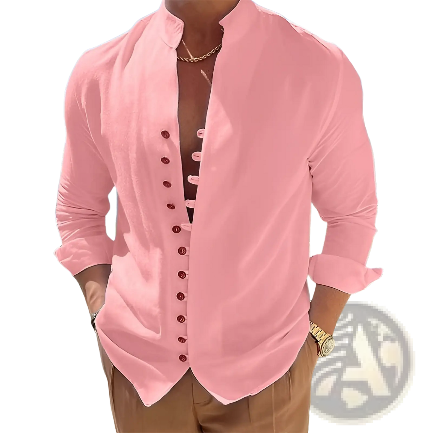 Mandarin Collar Linen Blend Wrinkle Resistant Casual Shirt