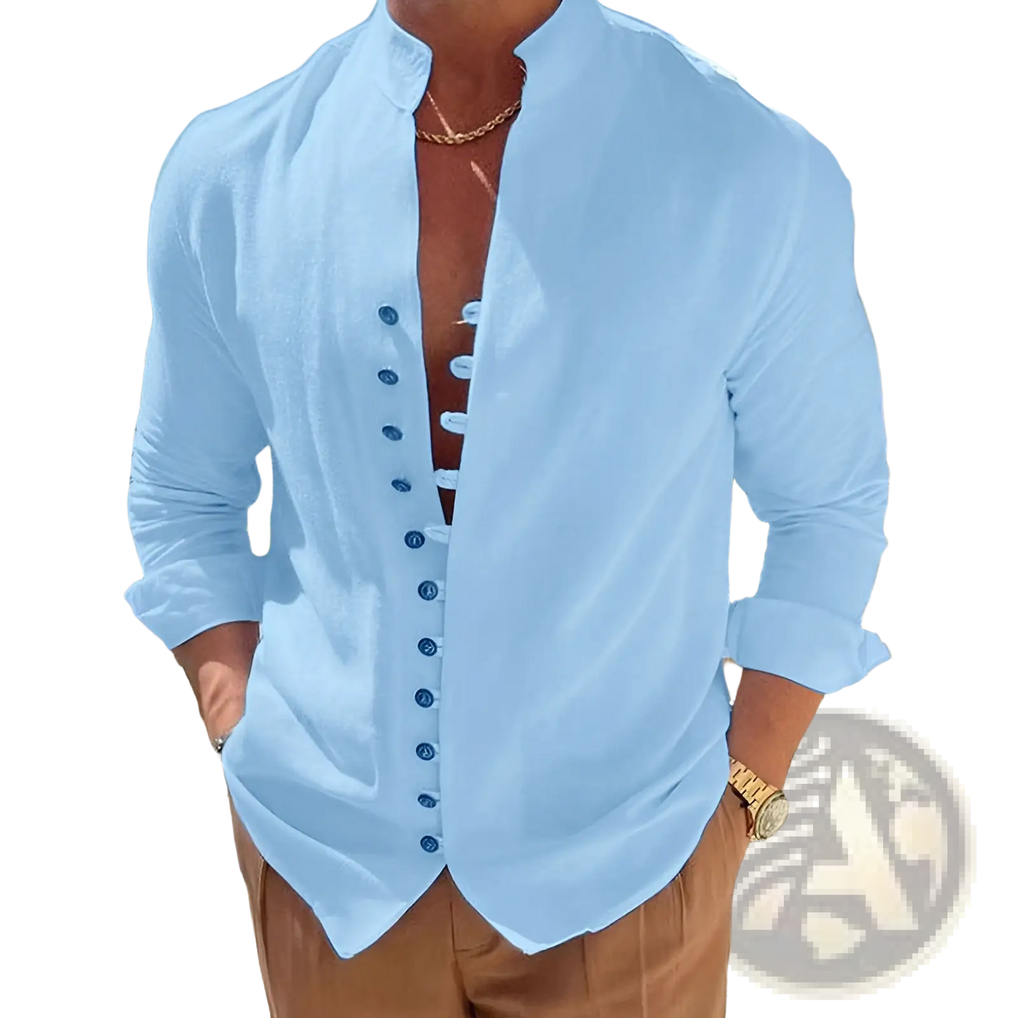 Mandarin Collar Linen Blend Wrinkle Resistant Casual Shirt