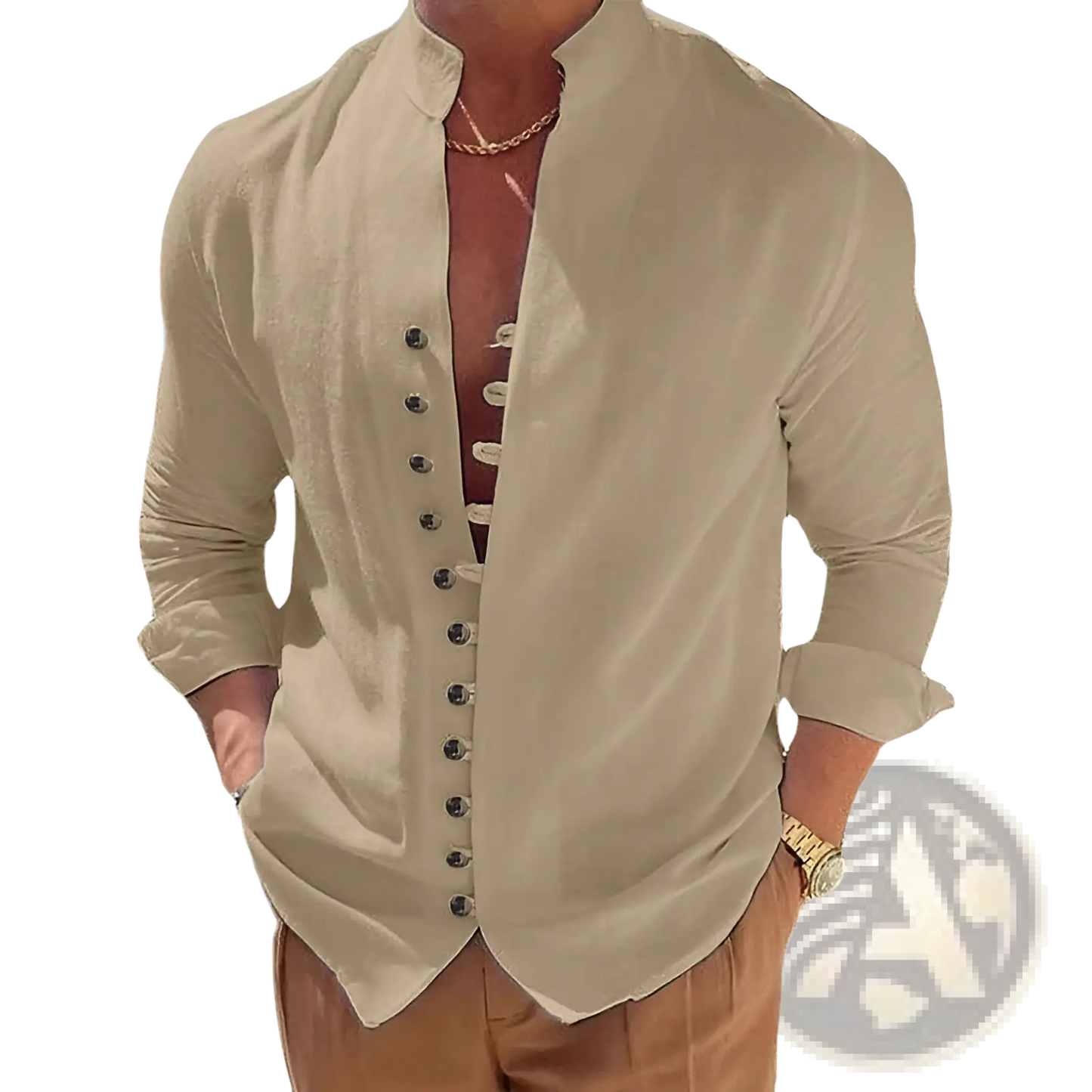 Mandarin Collar Linen Blend Wrinkle Resistant Casual Shirt