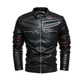 Men's Fleece Lined Leather Motorcycle Jacket with Red Stitching