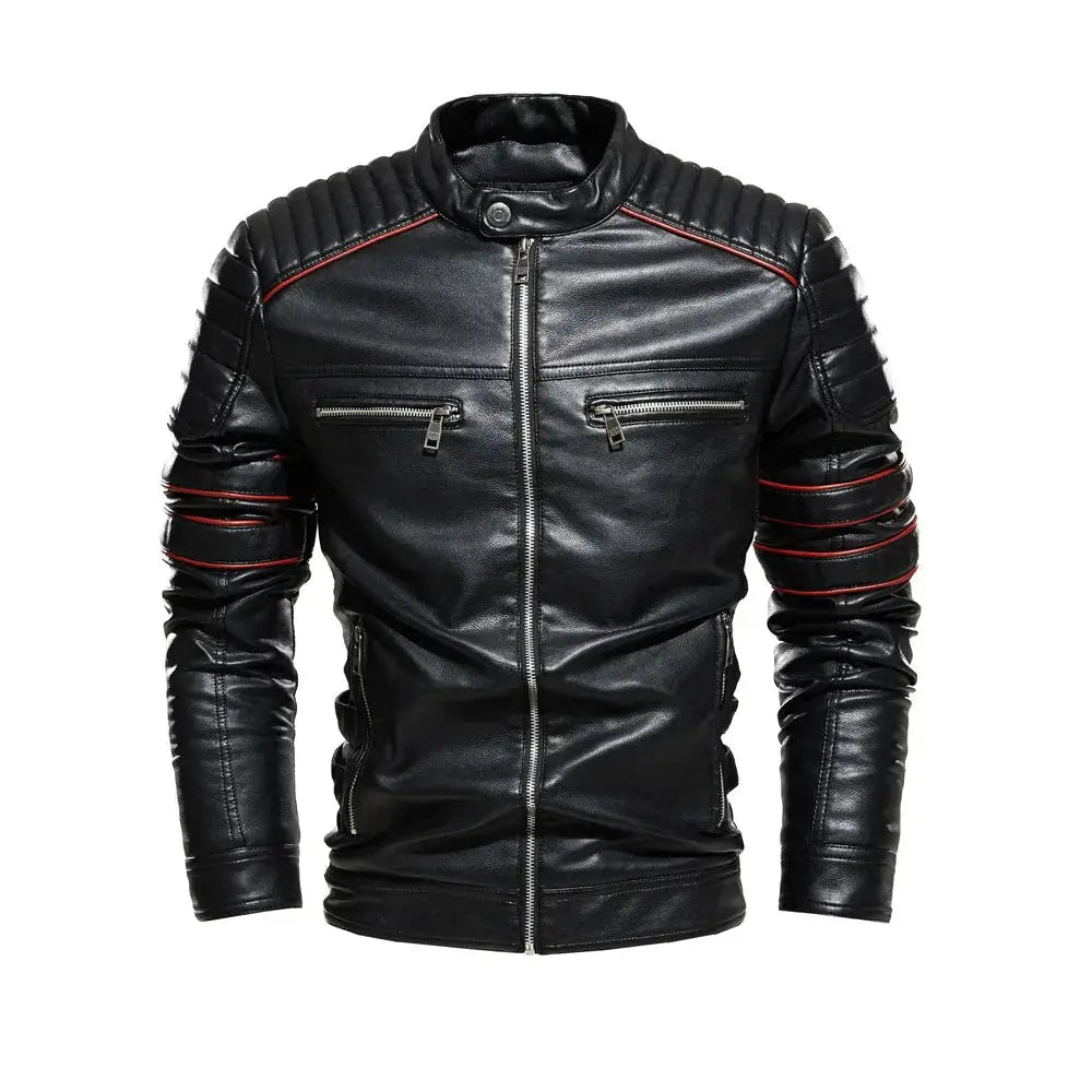 Men's Fleece Lined Leather Motorcycle Jacket with Red Stitching