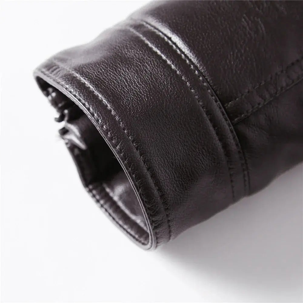 Men's Fleece Lined Leather Motorcycle Jacket with Red Stitching