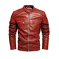 Men's Fleece Lined Leather Motorcycle Jacket with Red Stitching
