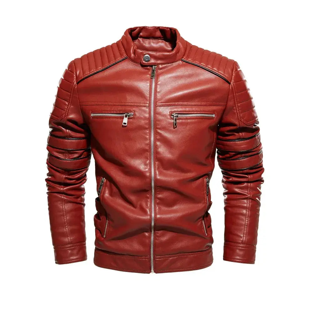 Men's Fleece Lined Leather Motorcycle Jacket with Red Stitching