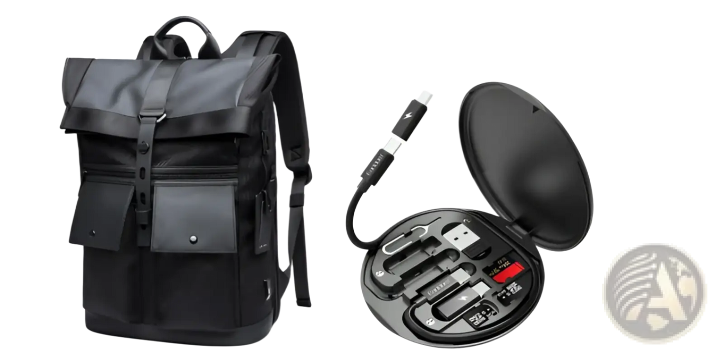 Men's 16 Inch Roll Top Laptop Backpack Black Nylon