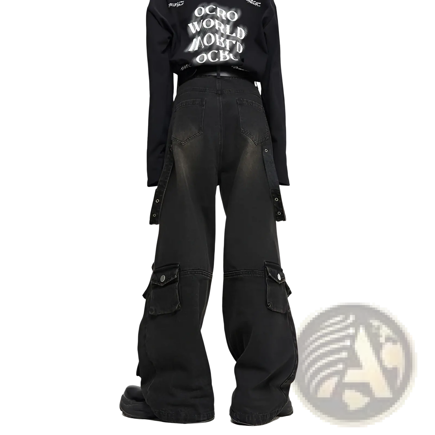 Men's Black Distressed Wide Leg Cargo Jeans