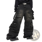Men's Black Distressed Wide Leg Cargo Jeans