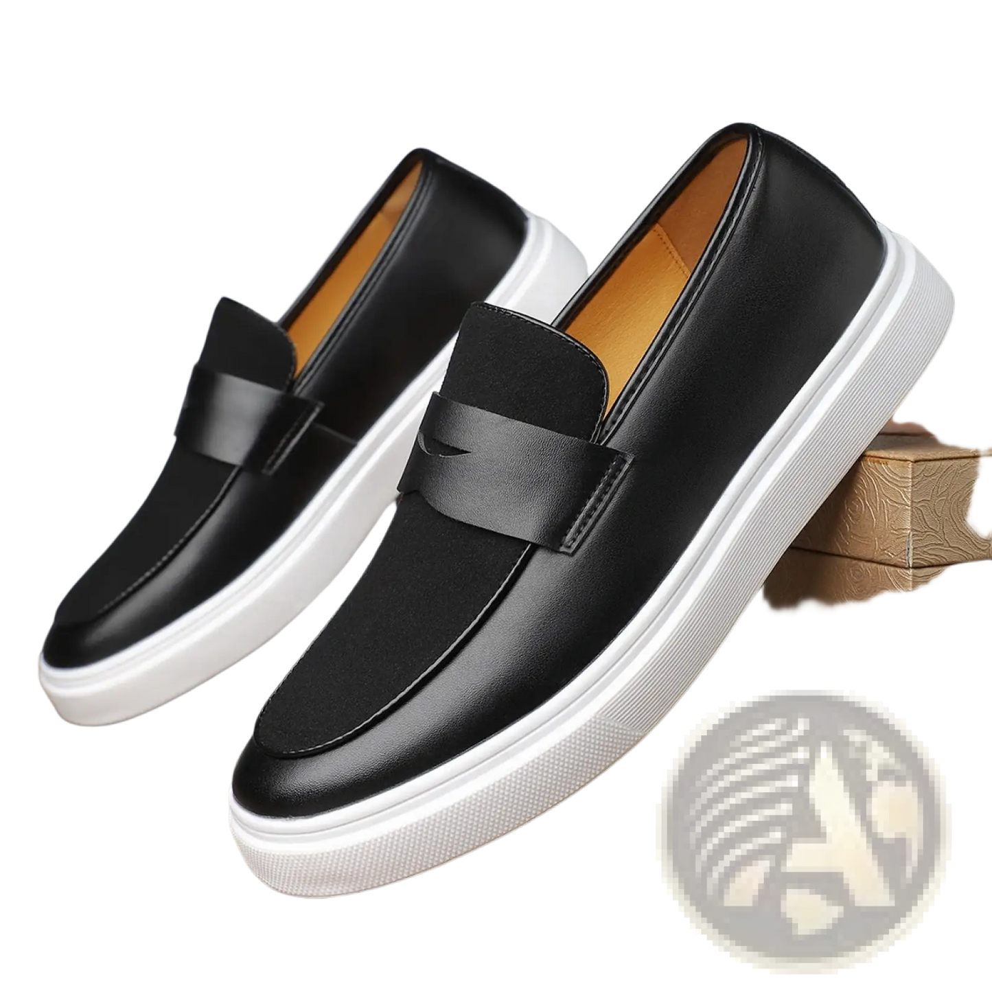Men's Black Leather Slip-on Loafers with Rubber Sole