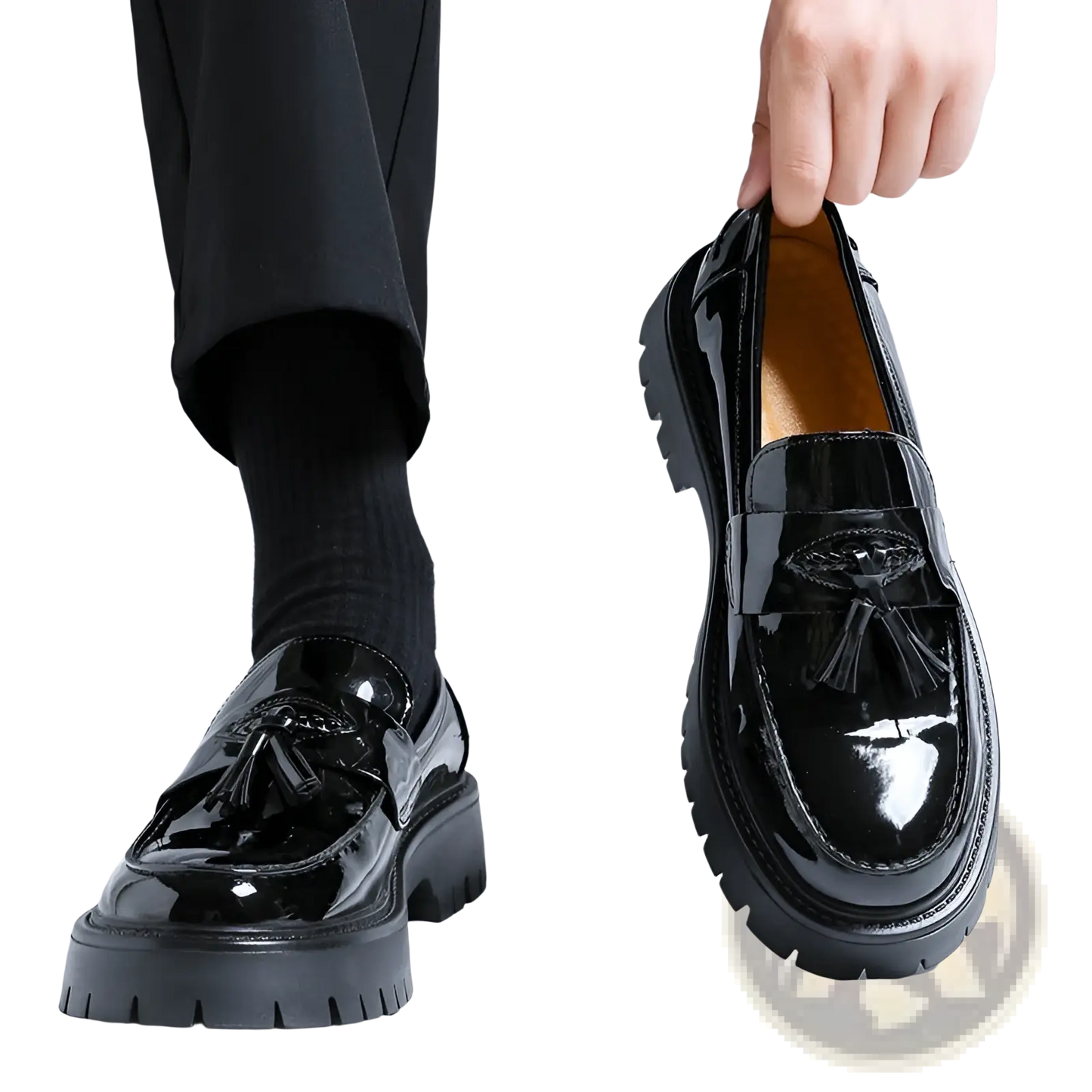 Men's Black Patent Leather Tassel Platform Shoes
