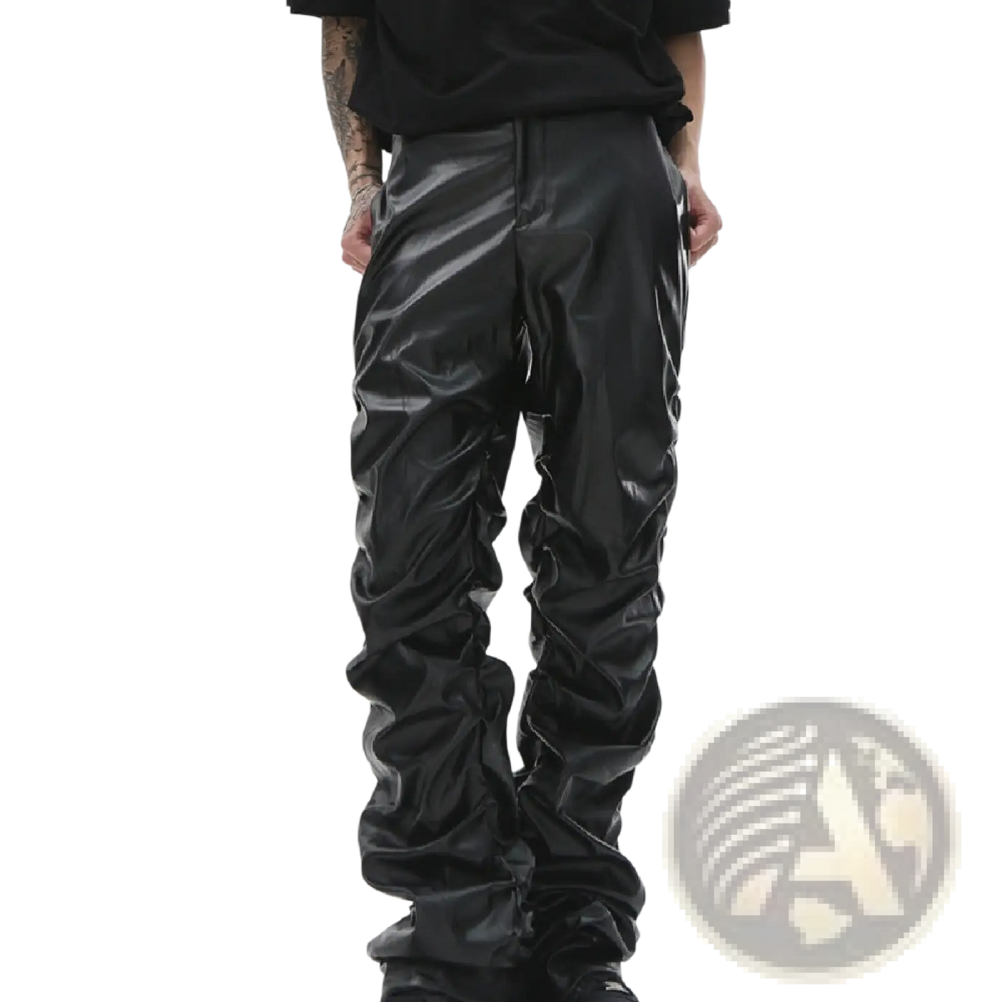Men's Black Ruched Glossy Faux Leather Tapered Pants