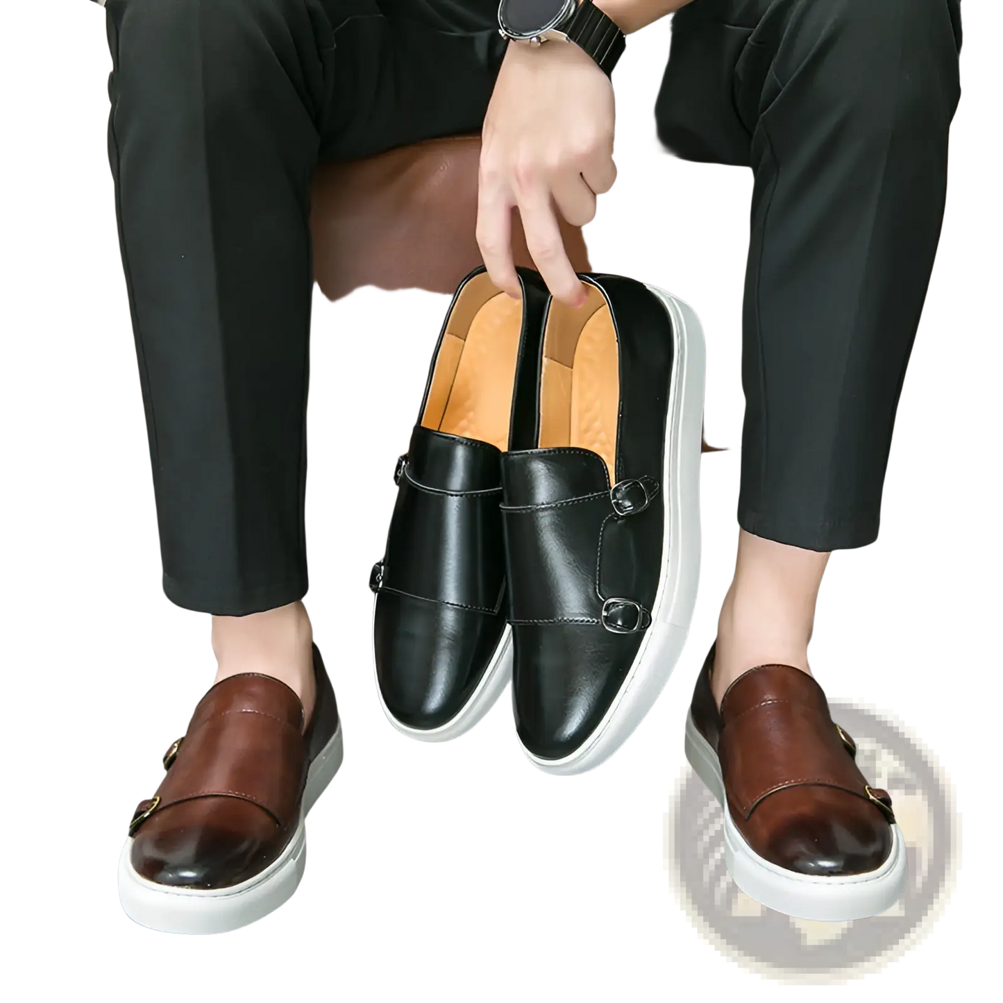 Men's Business Casual Double Buckle Leather Sneakers