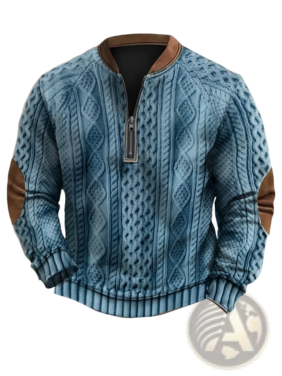 Men's Cable Knit Half Zip Sweater with Leather Accents
