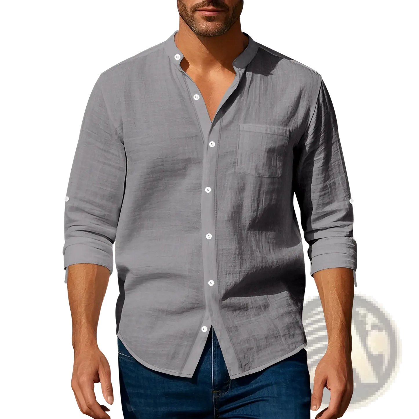 Men's Casual Linen Stand Collar Long Sleeve Shirt