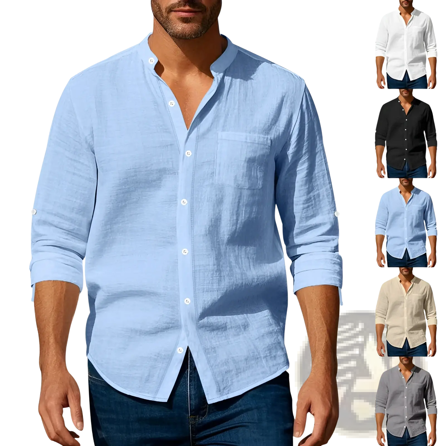 Men's Casual Linen Stand Collar Long Sleeve Shirt