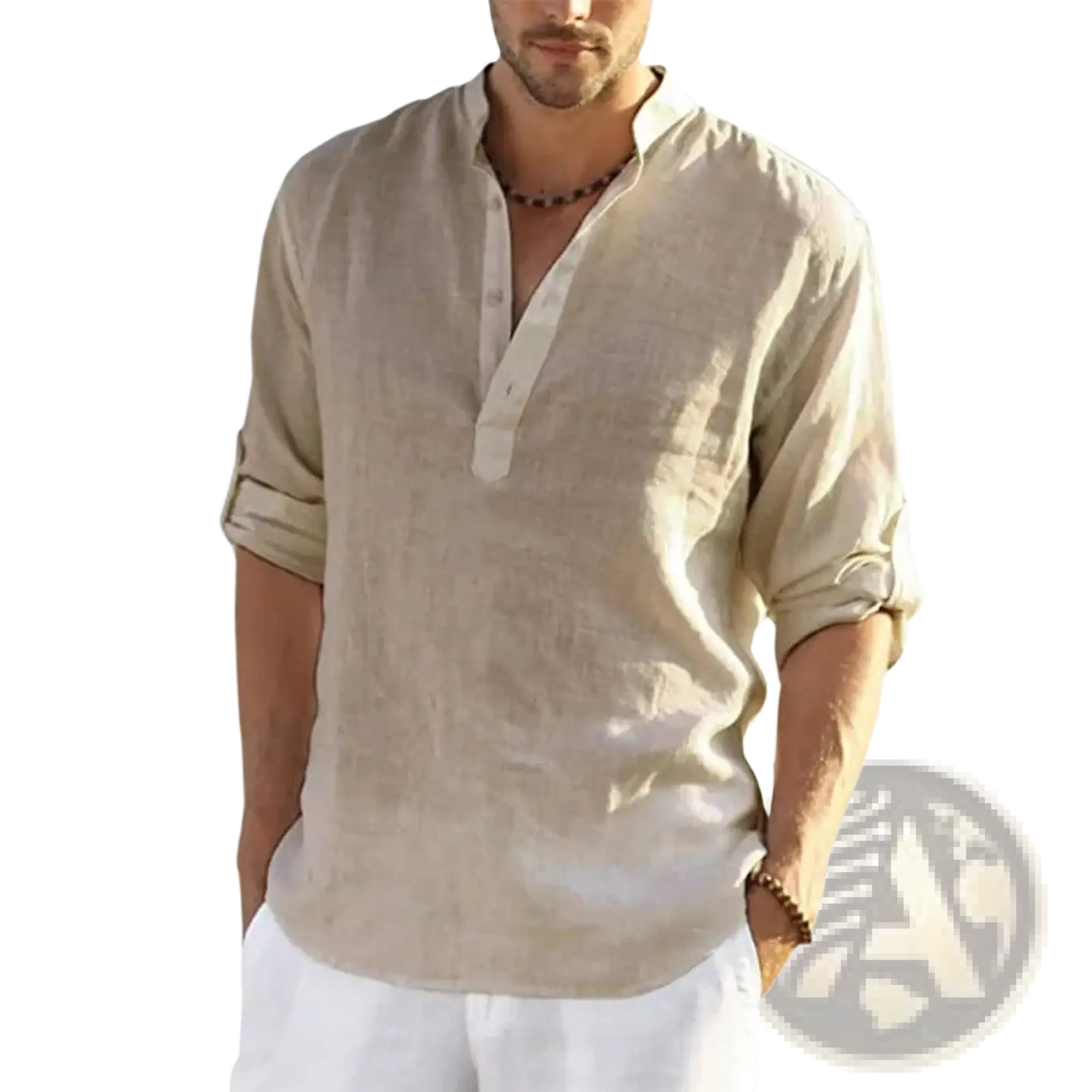 Men's Casual v Neck Rolled Sleeve Linen Pullover Shirt