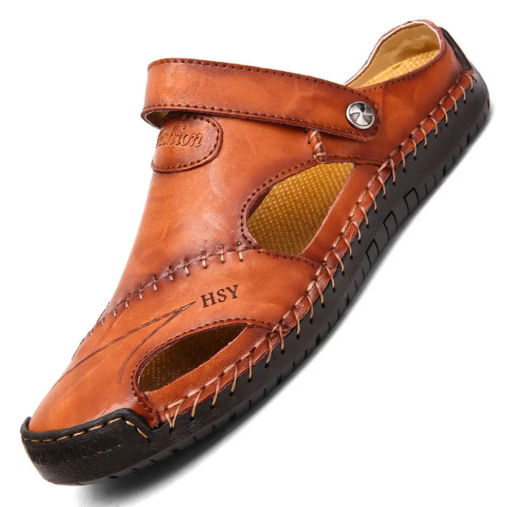 Men's Brown Woven Leather Closed Toe Beach Sandals