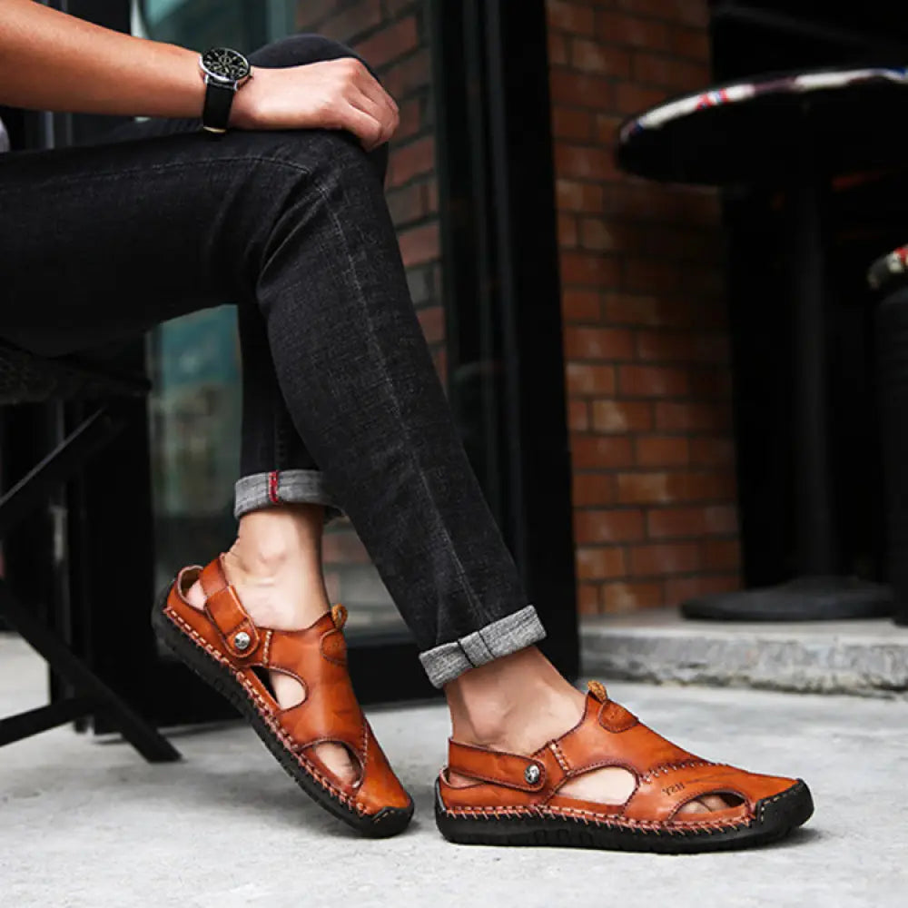 Men's Brown Woven Leather Closed Toe Beach Sandals