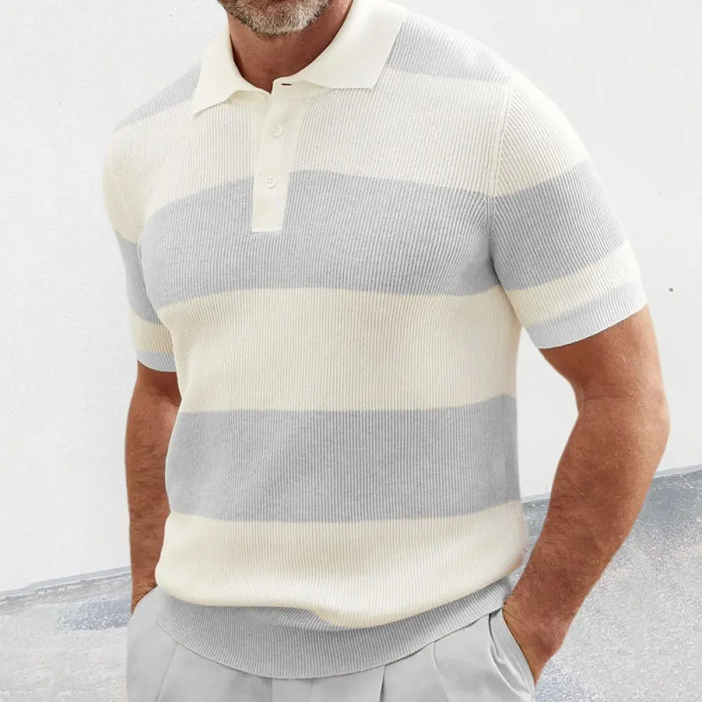 Men's Striped Ribbed Knit Short Sleeve Polo Sweater