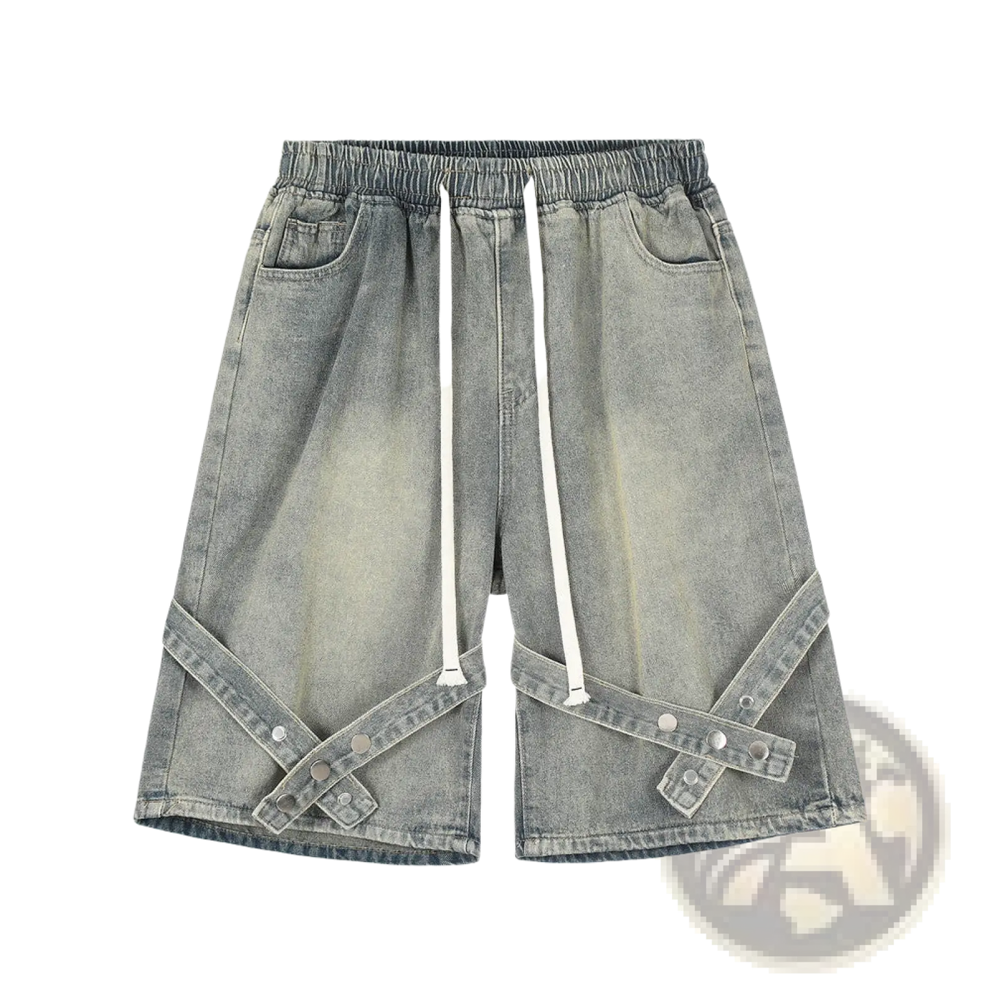 Men's Diagonal Strap Denim Shorts with Drawstring Waist