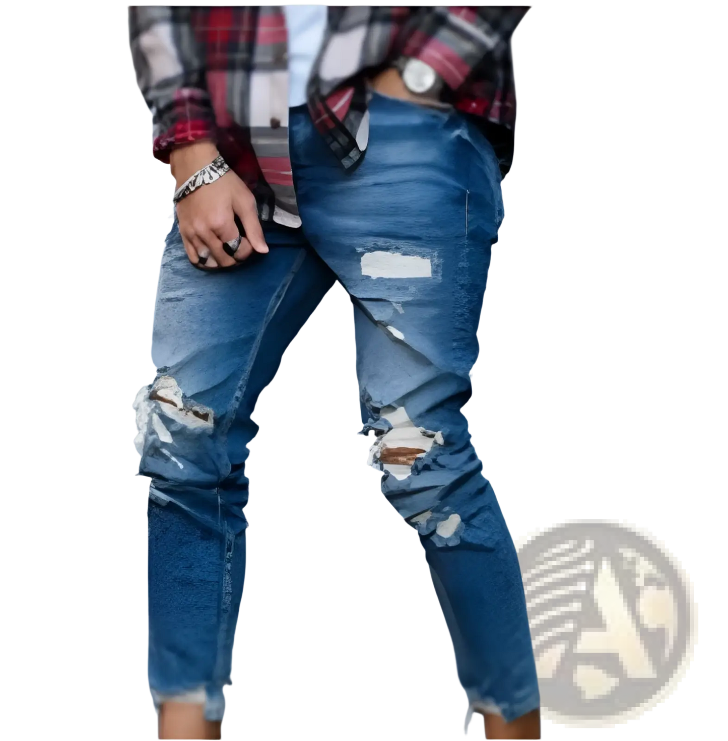 Men's Distressed Blue Denim Ripped Knee Jeans