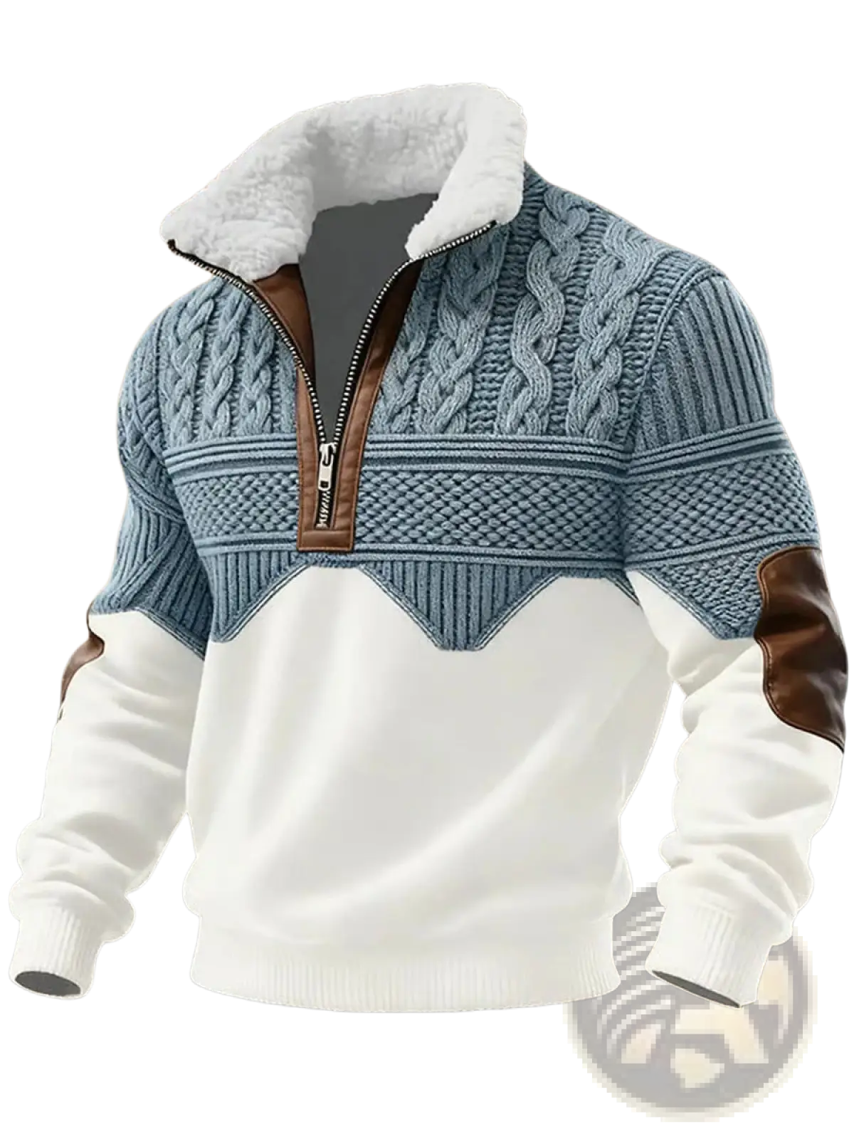 Men's Faux Fur Trim Cable Knit Half Zip Sweater