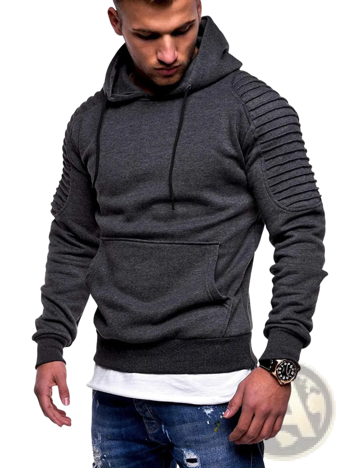 Men's Gray Camo Pleated Raglan Sleeve Hoodie
