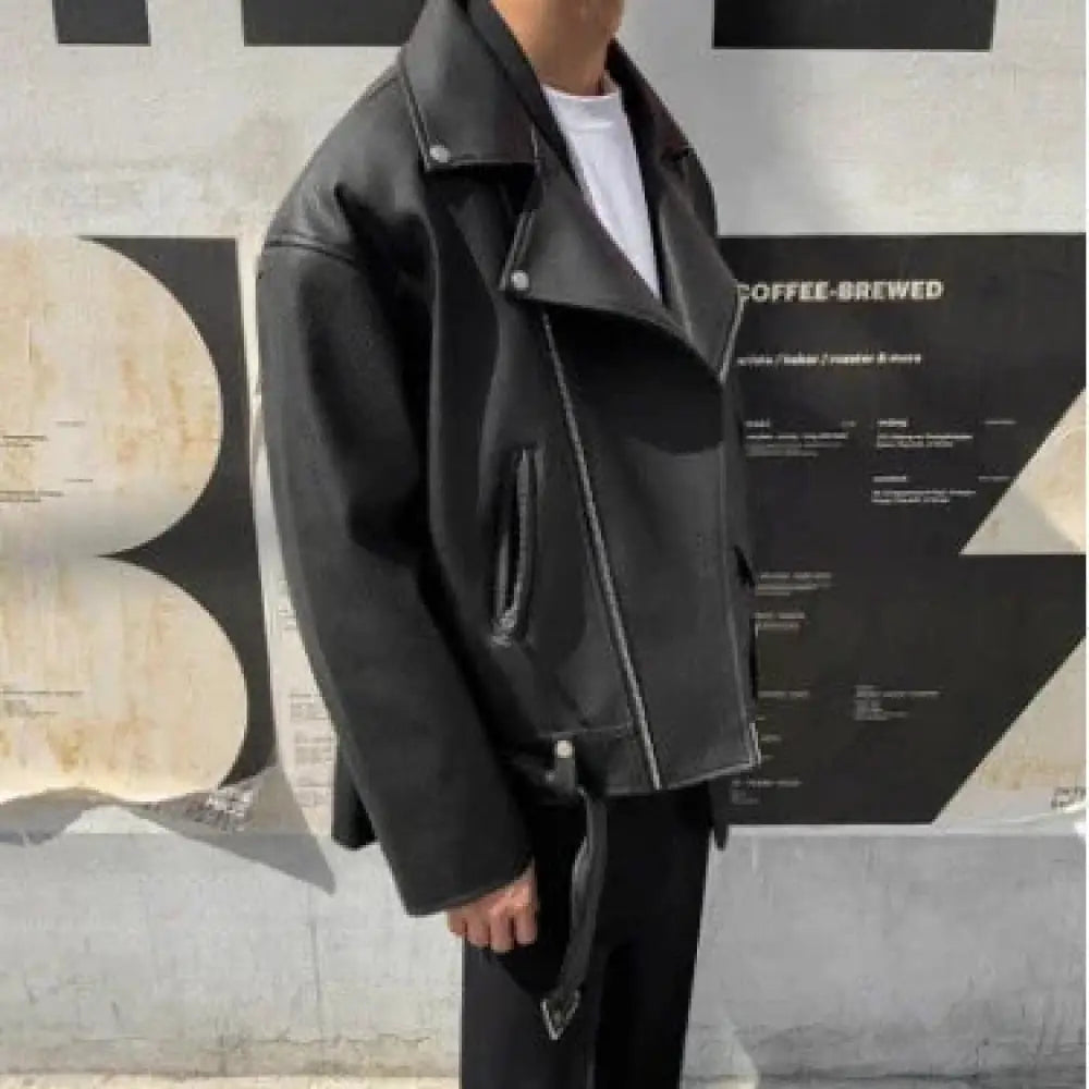 Men's Slim Fit Oblique Zipper Black Leather Moto Jacket