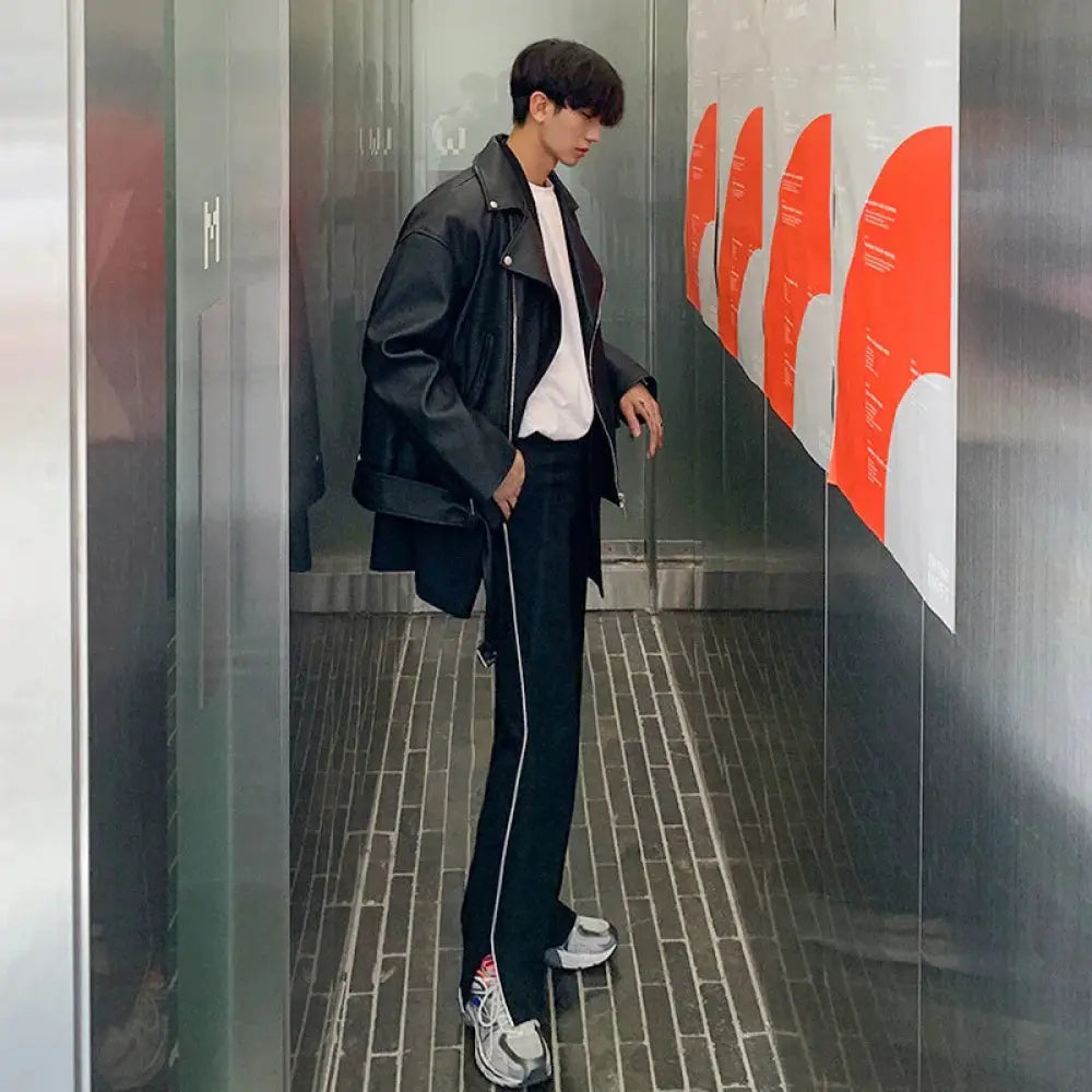 Men's Slim Fit Oblique Zipper Black Leather Moto Jacket