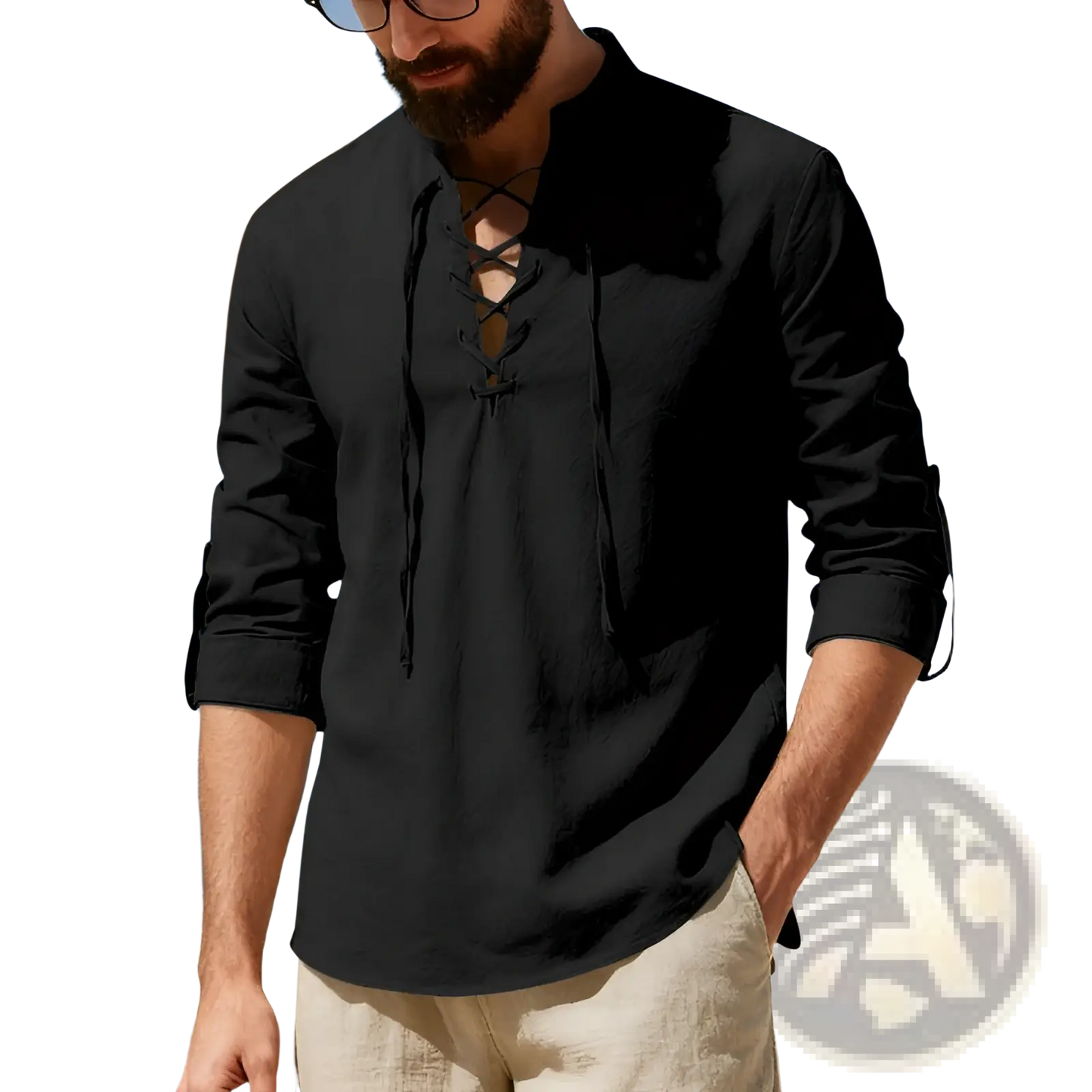 Men's Lace Up Linen Henley Shirt with Roll Up Sleeves