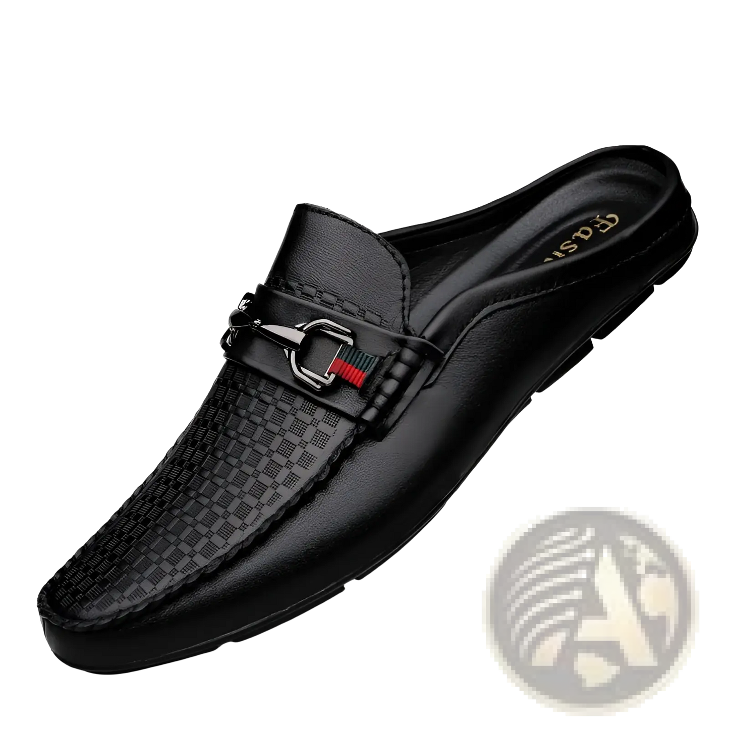 Men's Leather Mule Loafers with Woven Buckle Accent
