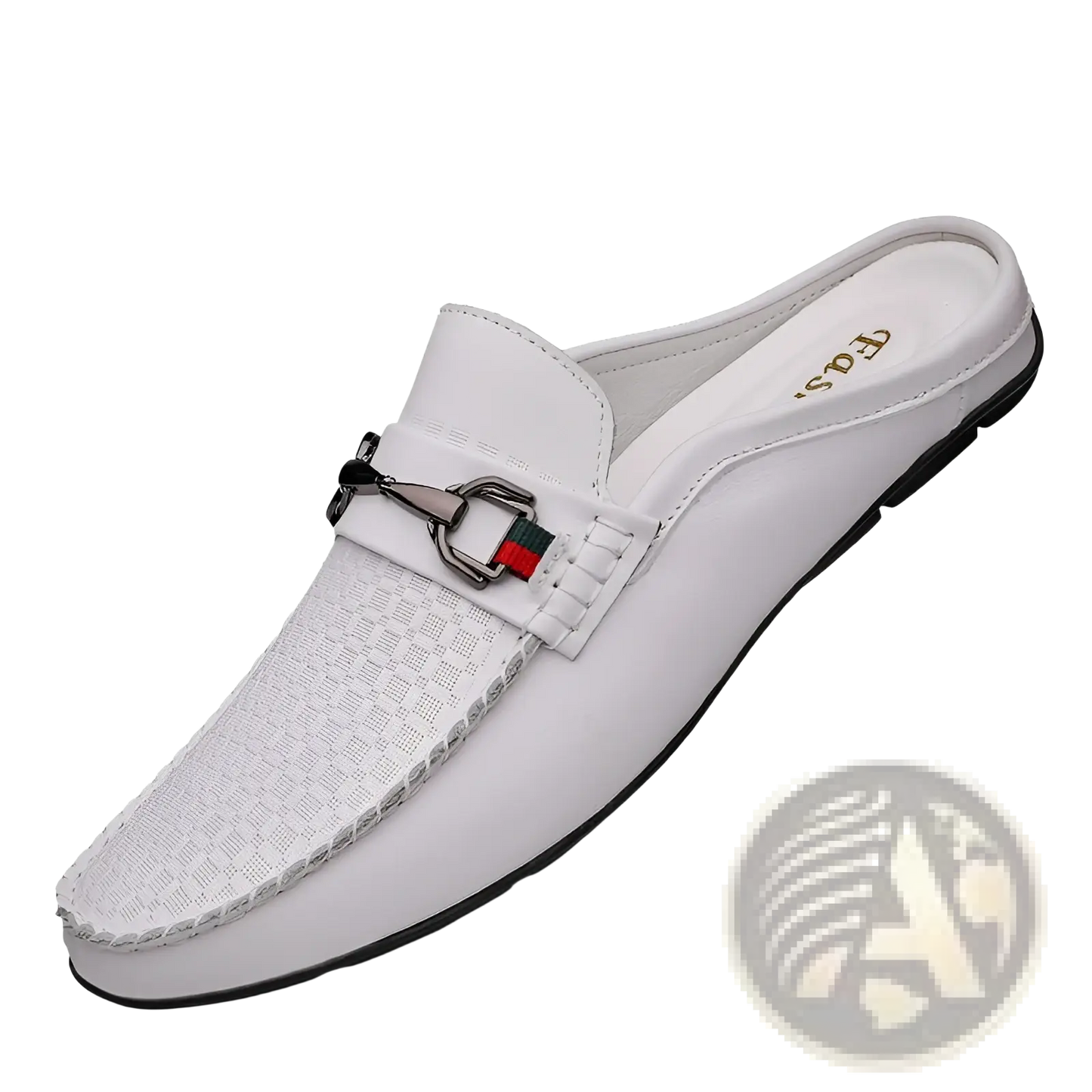 Men's Leather Mule Loafers with Woven Buckle Accent