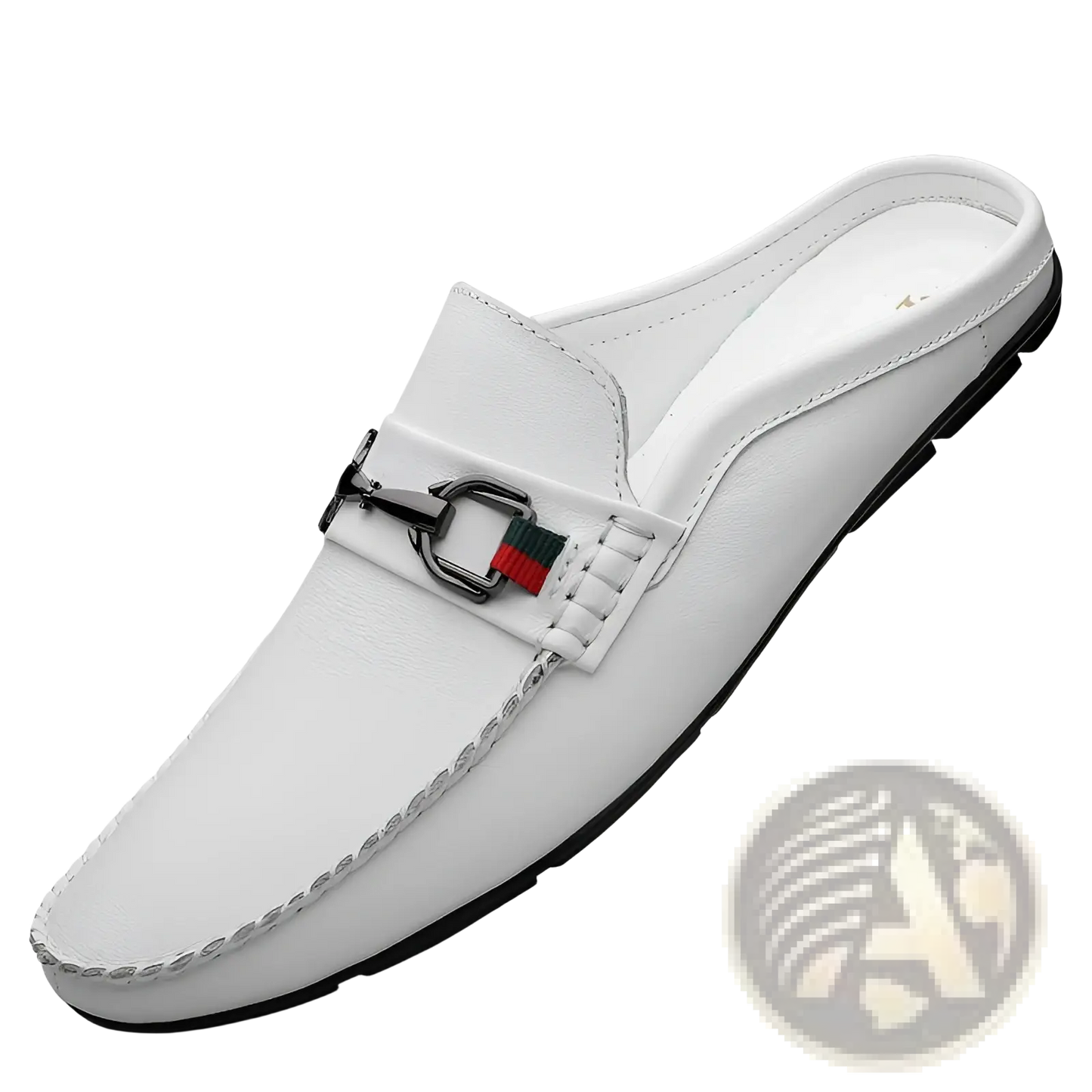Men's Leather Mule Loafers with Woven Buckle Accent
